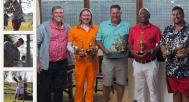 A collage of photos of golfers in action as well as a large group photo golfers holding their rophies inside the club house.