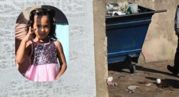 A collage of two images. The main image is of a blue municipal skip bin behind a light grey brick wall. the second image is of a young girl wearing asparkly pink dress.