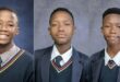 A collage of three photos of three young boys dressed in their school uniforms posing in front of a blue background.