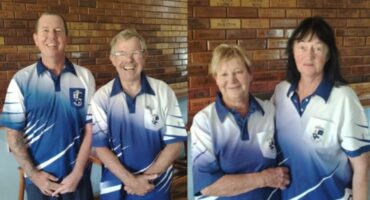 Two photos with two players in each photo wearing blue and white bowls attire and posing in front of a brown, brick wall.