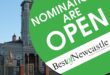 A photo of the Newcastle Town Hall, with a green and white circle with 'Nominations are Open and Best of Newcastle' written in bold text inside it.