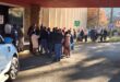 Photo of protesters and SAPS members outside the Dundee municipal offices.