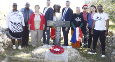 Image of VIPs from the French Embassy and local Dundee tourism authority officials around the Prince Imperial memorial.