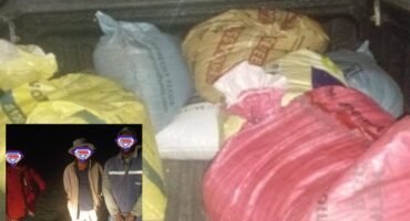 Two photos: One of several bags of maize meal found on a bakkie and the sencond photo is of three people who are being arrested. Their faces are covered with a Ithemba Security Logo.