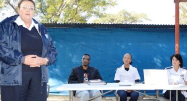 National SPCA liaison manager Tertia Woest addressing the crisis meeting, watched by committee member Byron Pillay, SPCA inspector Mel van der Westhuizen and National SPCA liaison officer Marian Channon.