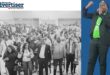 A feature image of Action SA members gathered in a community hall in Newcastle. Inset: A colour image of one Action SA member taling over a mike. Top left corner is the Newcastle Advertiser logo.