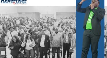 A feature image of Action SA members gathered in a community hall in Newcastle. Inset: A colour image of one Action SA member taling over a mike. Top left corner is the Newcastle Advertiser logo.