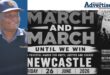 A black and white March and March poster in the background for Newcastle. Inset is a colour photo of a police officer in uniform. A Newcastle Advertiser logo is also pictured on the top right hand corner.