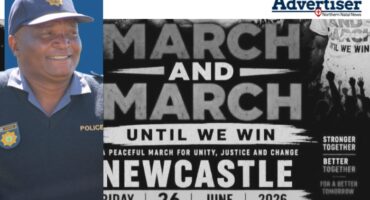 A black and white March and March poster in the background for Newcastle. Inset is a colour photo of a police officer in uniform. A Newcastle Advertiser logo is also pictured on the top right hand corner.