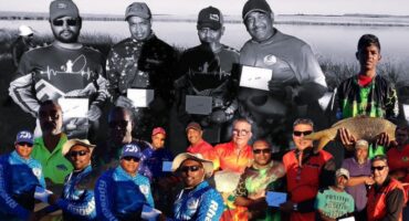 A collage of colour photos on top of a large black and white photo of anglers holding their trophys and prizes after an apl league.