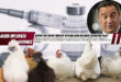 A main background image of vaccine bottles and injections. In the forefront is a row of various colour chickens. In the framed circle is a photo of Minister of Agriculture, John Steenhuisen.