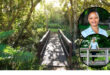A large image of a biodiverse garden. Inset: two images of the same woman.