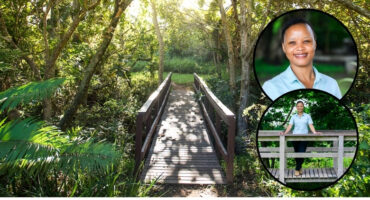 A large image of a biodiverse garden. Inset: two images of the same woman.