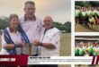 A collage of photos. The main photo is of three bowlers holding up a trophy. the other two photos are of a womens team and a mens team all wearing green bowling shirts. Right in front at the bottom is a red a white banner with bold black and white text on it.