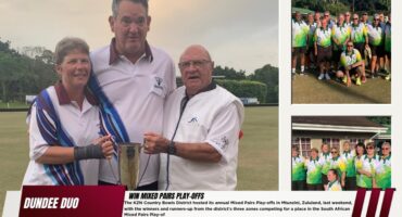 A collage of photos. The main photo is of three bowlers holding up a trophy. the other two photos are of a womens team and a mens team all wearing green bowling shirts. Right in front at the bottom is a red a white banner with bold black and white text on it.