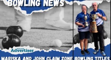 A large black and white photo of a bowler and his balls bordered by a bold, blue and white banner with bold white text on it. Inset is a coloured, framed photo of a male and female bowler holding a trophy.