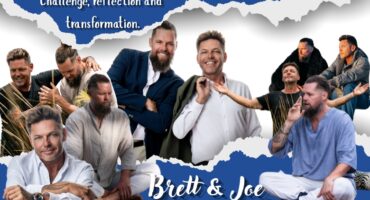 A collage of photos of Brett Shuttleworth and Joe van Niekerk with a bold blue and white frame with bold white text.