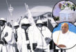 A collection of photos during the late church leader Dr Thamsanqa Nkonyane funeral, compiled into a photo collage. Also a red and white banner with bold, black text in it.