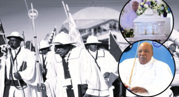 A collection of photos during the late church leader Dr Thamsanqa Nkonyane funeral, compiled into a photo collage. Also a red and white banner with bold, black text in it.