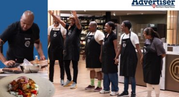 A large featured image of a group of Chefs on Master Chef SA. Inset: Chef Shange and below is a plate of food. Top corner is the Newcastle Advertiser logo.