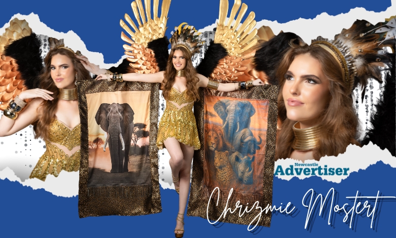 A collage of images of Chrizmie Mostert in colour. right in front is a blue and white banner with bold black and white text on it.