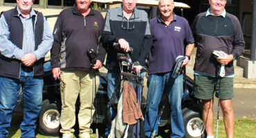 Image of Teeing up for caring: Willie Steenberg (Dundee Adult Care Centre chairperson), Louis Albertse (Country Club president), Dave Donaldson (vice-president), Ian Marx (Dundee Pick n Pay) and Hammie Meintjies (golf club captain) in front of the Dundee golf club.