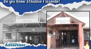 A large black and white photo of the entrance to Madadeni Provincial Hospital. Inset is a colour image of the same photo. There is a bold, blue border with bold white text around the images.