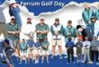 A collage of photos of several golfers in action bordered by a bold, blue and white banner with bold white text in it.