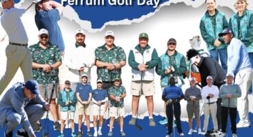 A collage of photos of several golfers in action bordered by a bold, blue and white banner with bold white text in it.