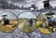 A collage of colour photos in circle frames on top of a large bllack and white photo of municipal workers conducting service delivery duties around Newcastle.