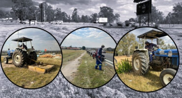 A collage of colour photos in circle frames on top of a large bllack and white photo of municipal workers conducting service delivery duties around Newcastle.