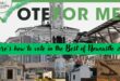 A collage of images of various buildings in Newcastle. there is a bold green and black Vote for me at the top and a green banner with bold black cursive text on it.