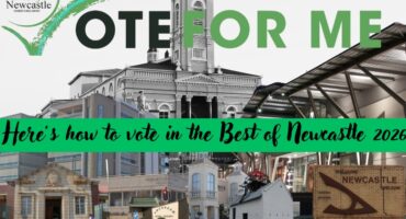 A collage of images of various buildings in Newcastle. there is a bold green and black Vote for me at the top and a green banner with bold black cursive text on it.