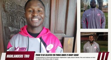 A collage of images of three local rugby players posing in their new Pumas jackets. In the front is a red and white banner with bold text over it.