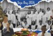 A collage of photos of people celebrating World yoga Day in Newcastle bordered off with a bold, blue and white banner with biold white text on it.