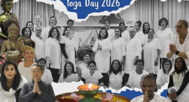 A collage of photos of people celebrating World yoga Day in Newcastle bordered off with a bold, blue and white banner with biold white text on it.