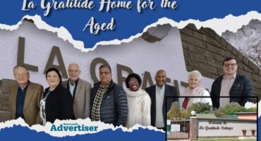 A photo of the La Gratitude home for the Aged Committee with the home in the background. there is also an inset image of the La Gratitude Cottages. The entire image is bordered by a bold blue banner with bold white text and the Newcastle Advertiser logo.