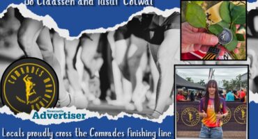 A collage of images. The main image is a black and white photo of runners. inset are two colour photos. One is of a lady runner and the other is of her medal. The comrades Marathon Logo is also displayed in the image as well as a bold blue and white border with bold white text.