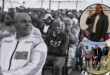 A clollage of colour photos in circle frames on top of a large bllack and white photo of municipal workers conducting a community meeting in madadeni around Newcastle.