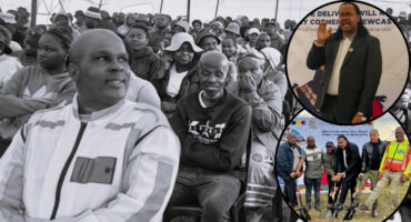 A clollage of colour photos in circle frames on top of a large bllack and white photo of municipal workers conducting a community meeting in madadeni around Newcastle.