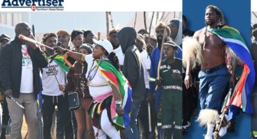 A image of Nkosikhona Ndabandaba, popularly known as 'Phakel'umthakathi', leading a March and March protest in Newcastle. Inset: Nkosikhona Ndabandaba and in the top corner is the Newcastle Advertiser logo.
