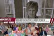 A main black and white image of a woman as ther background. Colourful photos of the same woman and groups of other people in colour. A red and white banner with bold black and white text.