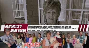 A main black and white image of a woman as ther background. Colourful photos of the same woman and groups of other people in colour. A red and white banner with bold black and white text.