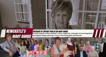 A main black and white image of a woman as ther background. Colourful photos of the same woman and groups of other people in colour. A red and white banner with bold black and white text.