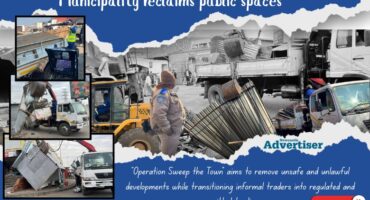 The Newcastle municipality is pictured during a sweep of Newcastle CBD, demolishing illegal structures. the photo is outlined with a bold blue banner with multiple text on it as well as three photos inside a box.
