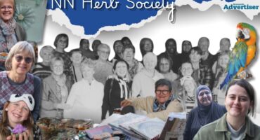 A collage of photos of the Newcastle Herb Society hosting it's annual invite only market day. The entire image is bordered off by a bold, blue and white banner with bold white text.