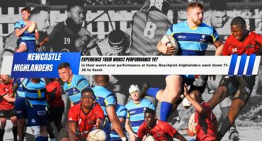 A collage of colour photos on top of a black and white photo of the Newcastle Highlanders vs Sasol rugby Club. There is also a bold, blue and white banner with bold black and white text over the middle of the entire image.