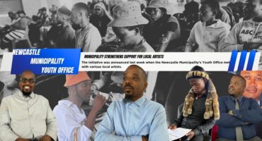 A collage of coloured photos stacked ontop of a large black and white photo of a seminar hosted by the Newcastle Municipality. Also a bold, blue and white banner with bold black text on it.
