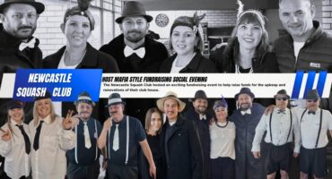 A collage of images in both black and white and colour with people dresses in mafia styled attire. There is a blue and white banner with bold black and white text.