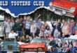 A collage of photos of the Newcastle Old Tooters Club and their vintage cars. There is also a bold, blue and white banner with bold white text bordering the entire frame.